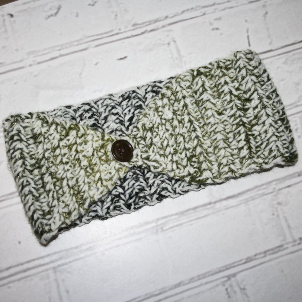 🤍💚✨ Glitter Crochet Headband – White & Green · Handmade · One Size